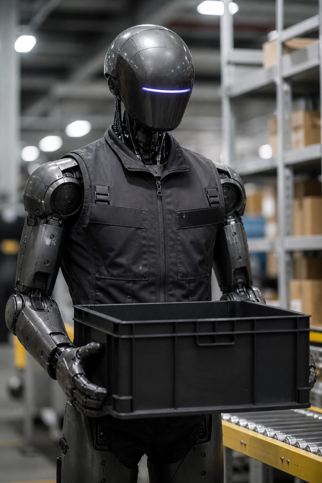 Humanoid robot on a factory floor carrying a bin