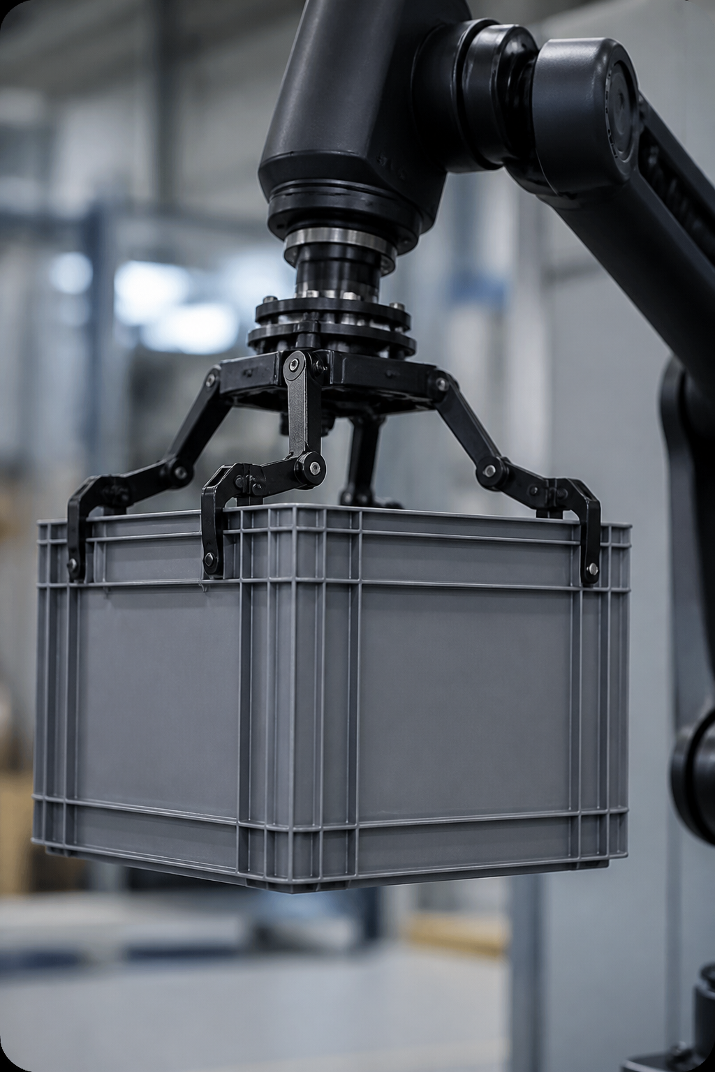 Humanoid robot arm lifting an industrial crate
