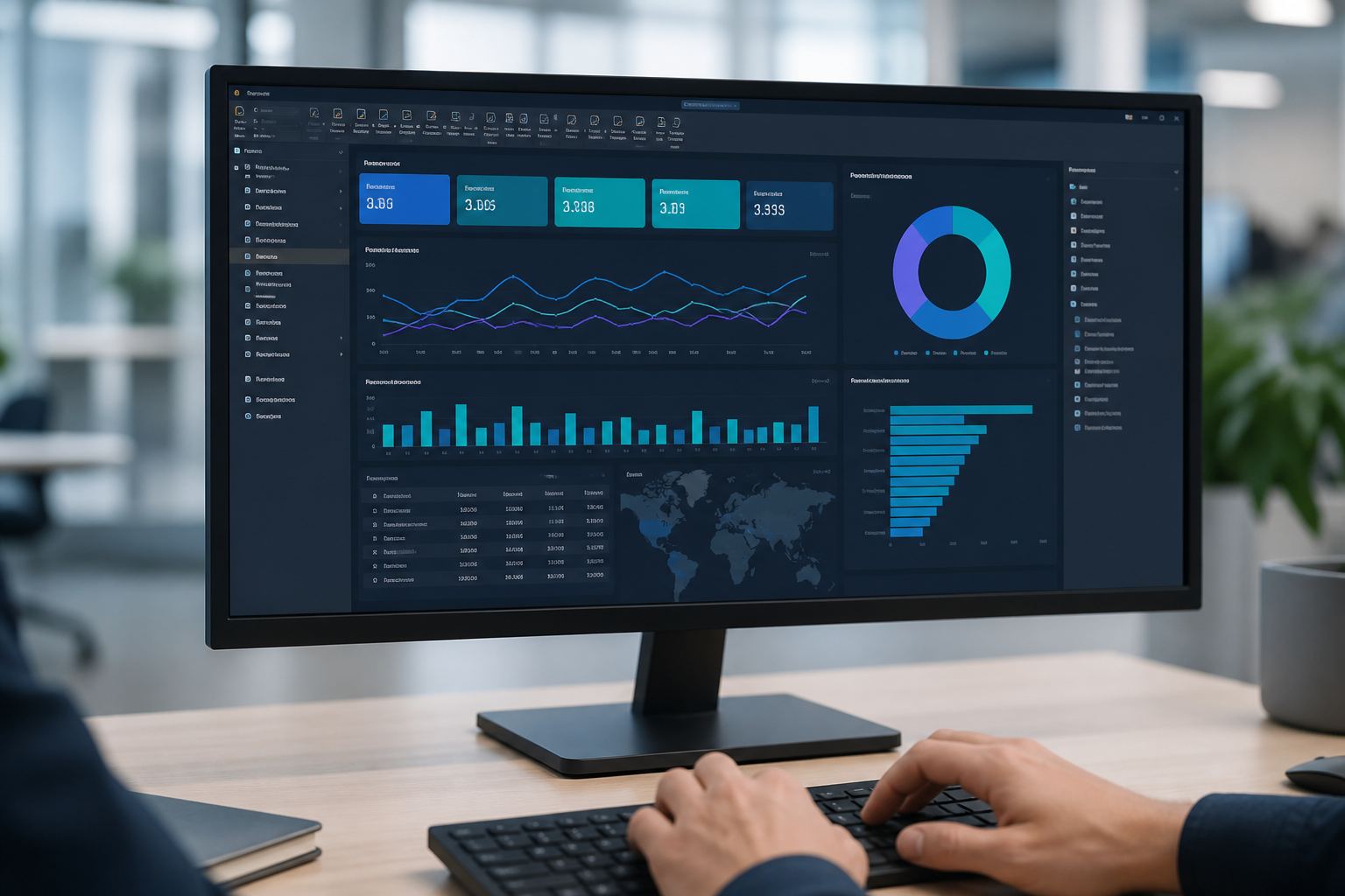 Business analytics dashboard on a laptop in a modern office