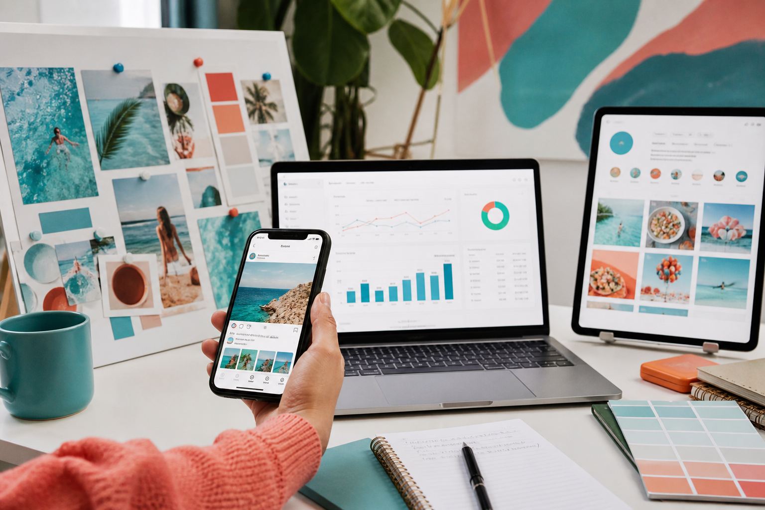 Digital marketing workspace with laptop, phone, and creative board