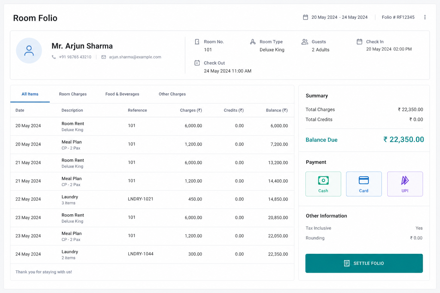 Stay Buddy Front Office — guest folio