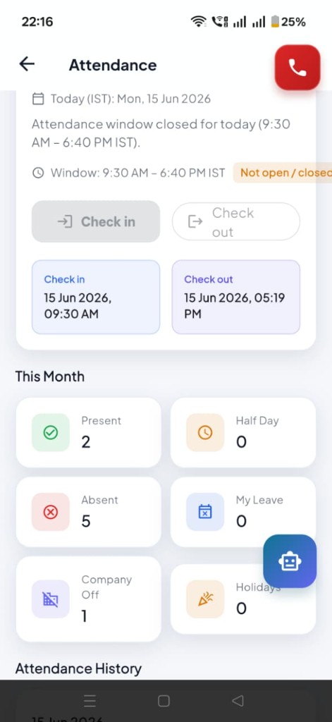 Seregno HRMS mobile attendance screen