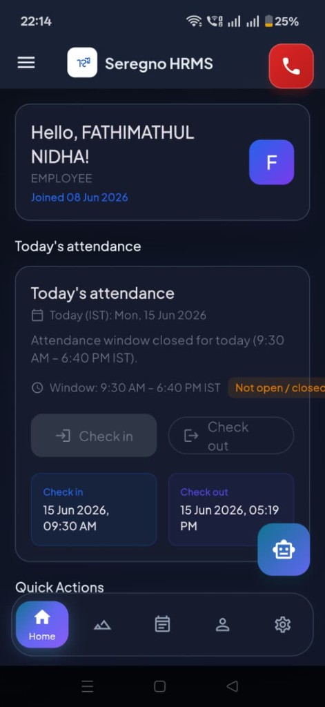 Seregno HRMS mobile employee dashboard