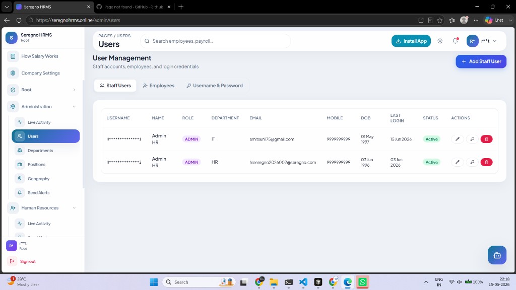 Seregno HRMS web admin user management