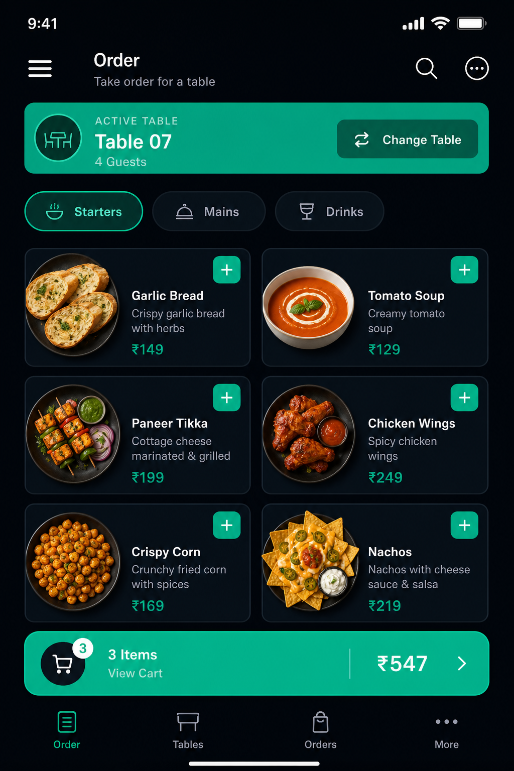 StayBuddy mobile POS — menu and cart